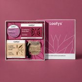 De Loofy's geschenkdoos met Cranberry body lotion, body bar, loofah scrub en netzakje.