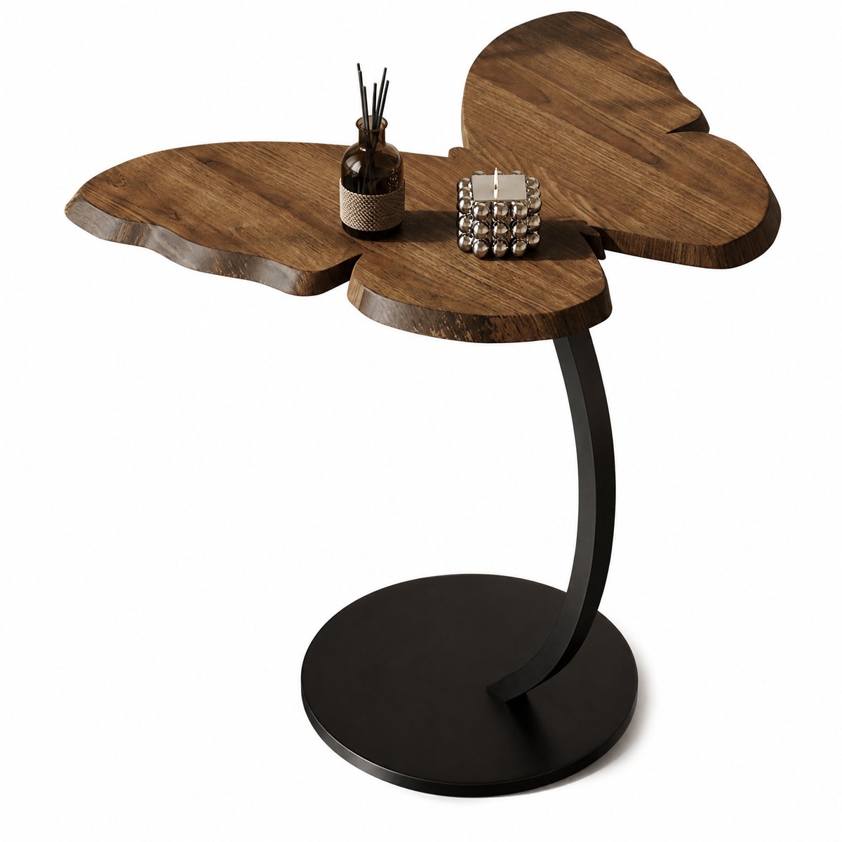 Bijzettafel in vlindervorm met C-frame – 43x33x58 cm – walnootlook, metalen frame – veelzijdig als salontafel, nachtkastje of plank voor woonkamer, slaapkamer of balkon