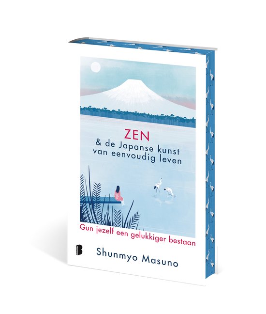 Boek in perspectief, met Japanse berg, kraanvogels en vrouw op steiger. Titel: ZEN & de Japanse kunst van eenvoudig leven.