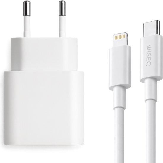 Unieke iPhone Snellader met Lightning kabel - USB C adapter en USB C naar Lightning oplaadkabel 1 meter - geschikt voor Apple iPhone 14 / 13 / 12 / 11 – Fast Charger - wit - WiseQ