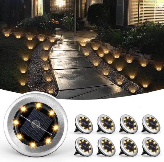 Set van 8 grondspots met zonnepanelen en 12 LED's, roestvrij staal.