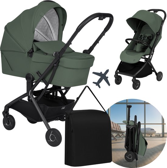 Groene kinderwagen met reiswieg, zittende kinderwagen, reiswieg opgevouwen en een tas, met vliegtuig-icoon.