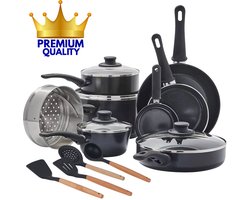 COOCK 22-Delige Pannenset Inductie - Speciale Anti-Aanbak Coating - Ergonomische Koudgrepen - Gerecycled Aluminium - koekenpannenset - kookpottenset - Zwart - Inclusief Onderzetters en E-book