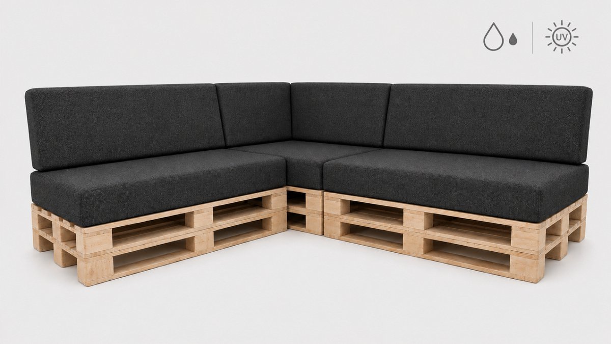 Palletkussenset Hoekbank 3-delig 120x80 cm + 40x120 cm – UV-bestendige Tuinkussens voor Palletbank met Hoekrugkussen – Linnenlook – Links – Grafiet