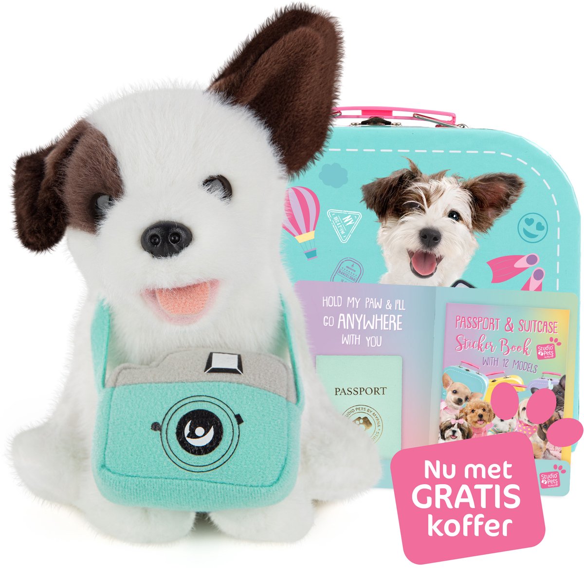 Studio Pets Muttsy knuffel 16 cm met GRATIS koffertje – hond knuffel set inclusief camera, paspoort en stickerboek