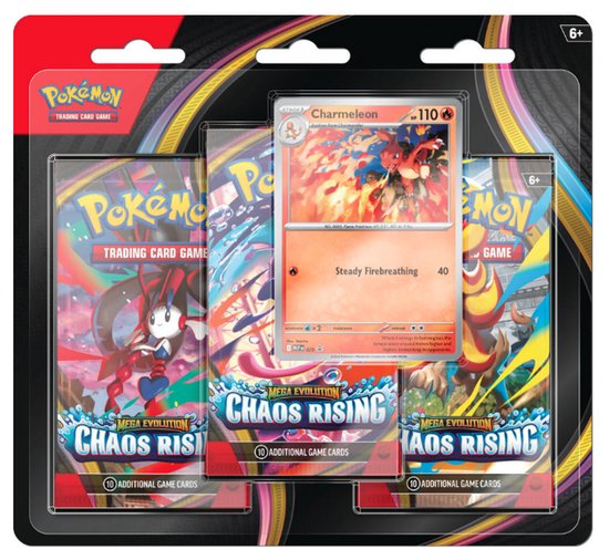 Boîte Pokémon TCG contenant deux boosters, une carte Charmeleon et deux boosters supplémentaires montrant des êtres félin et rouge et blanc.
