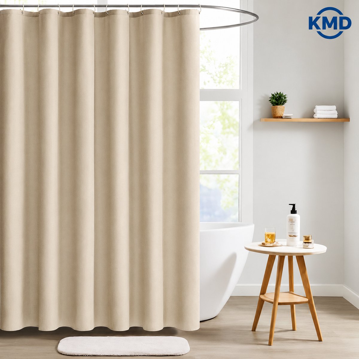 KMD Linnen Douchegordijn 100x200 cm Lichtbeige - Waterdicht Polyester - Wasbare Stof met 6 Ringen