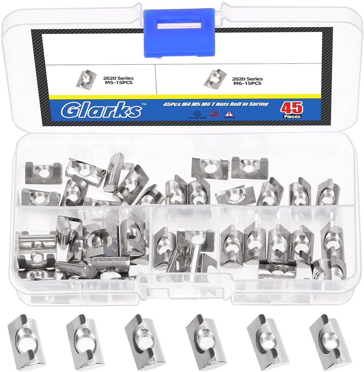45-delige T Nut Set voor M4/M5/M6, Carbon Staal met Veerblad, Ideaal voor Meubelbouw en DIY Projecten
