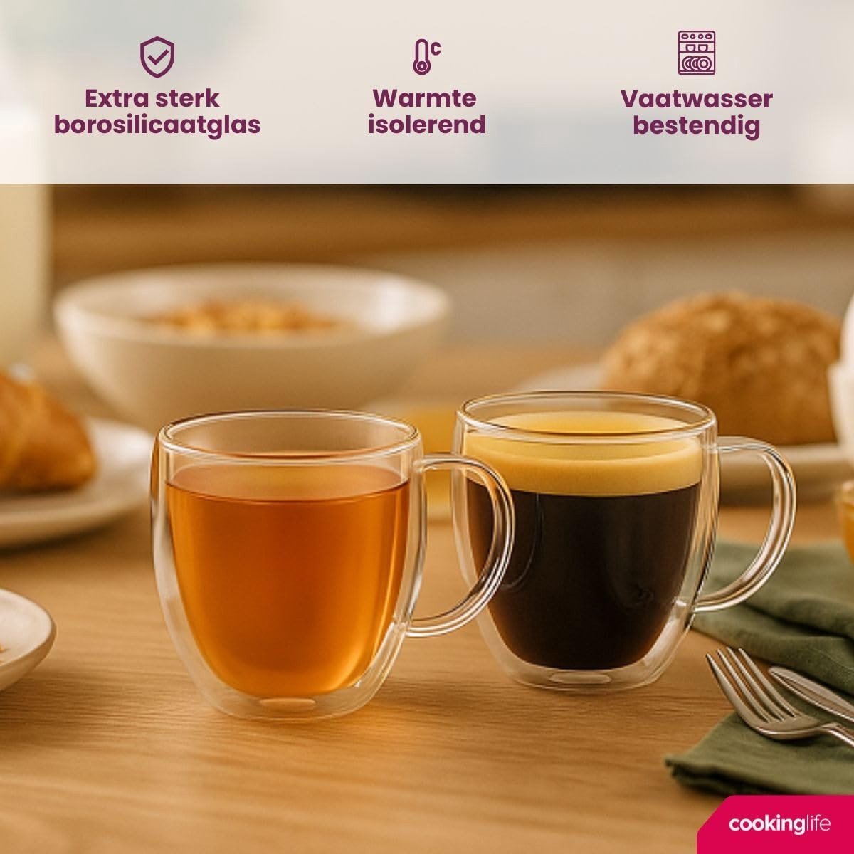 Dubbelwandige Koffie- / Theeglazen met Oor - Hittebestendig Glas - Langdurige Warmte - Comfortabel Vasthouden - Set van 2