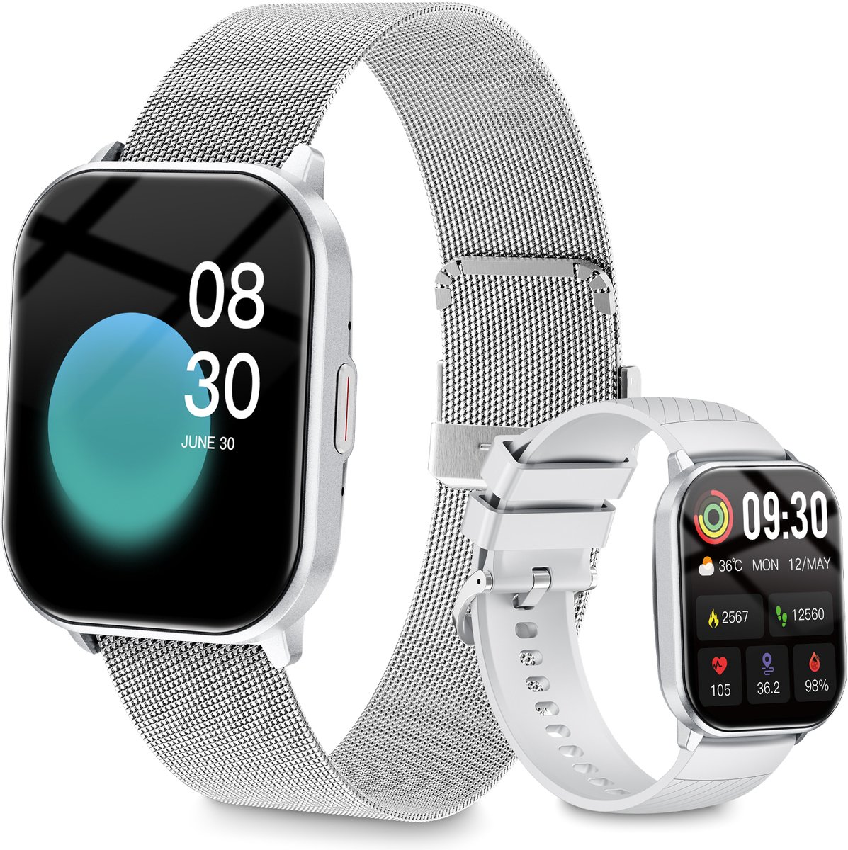 Smartwatch - Belfunctie - Sporthorloge voor dames - Waterbestendig voor dagelijks gebruik - Met hartslagmeting, slaapmonitoring, stappenteller en muziekbediening - Compatibel met Android- en iOS-systemen - Zilver (siliconen bandje + stalen bandje)