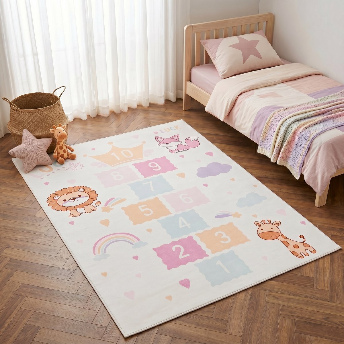 Tapiso Kids Kindervloerkleed Hinkelspel Speelkleed – Crème Roze Pastel Leeuw Giraf Meisjes