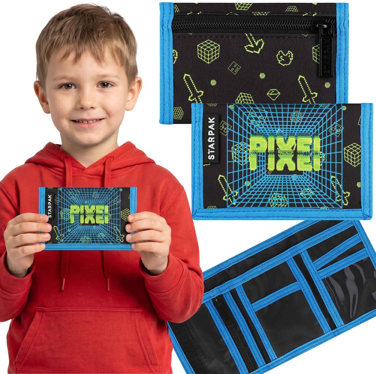 PIXEL Portemonneetje voor jongens, portemonnee voor geld, portemonnee met klittenband, voor gamers 9x13x1 cm