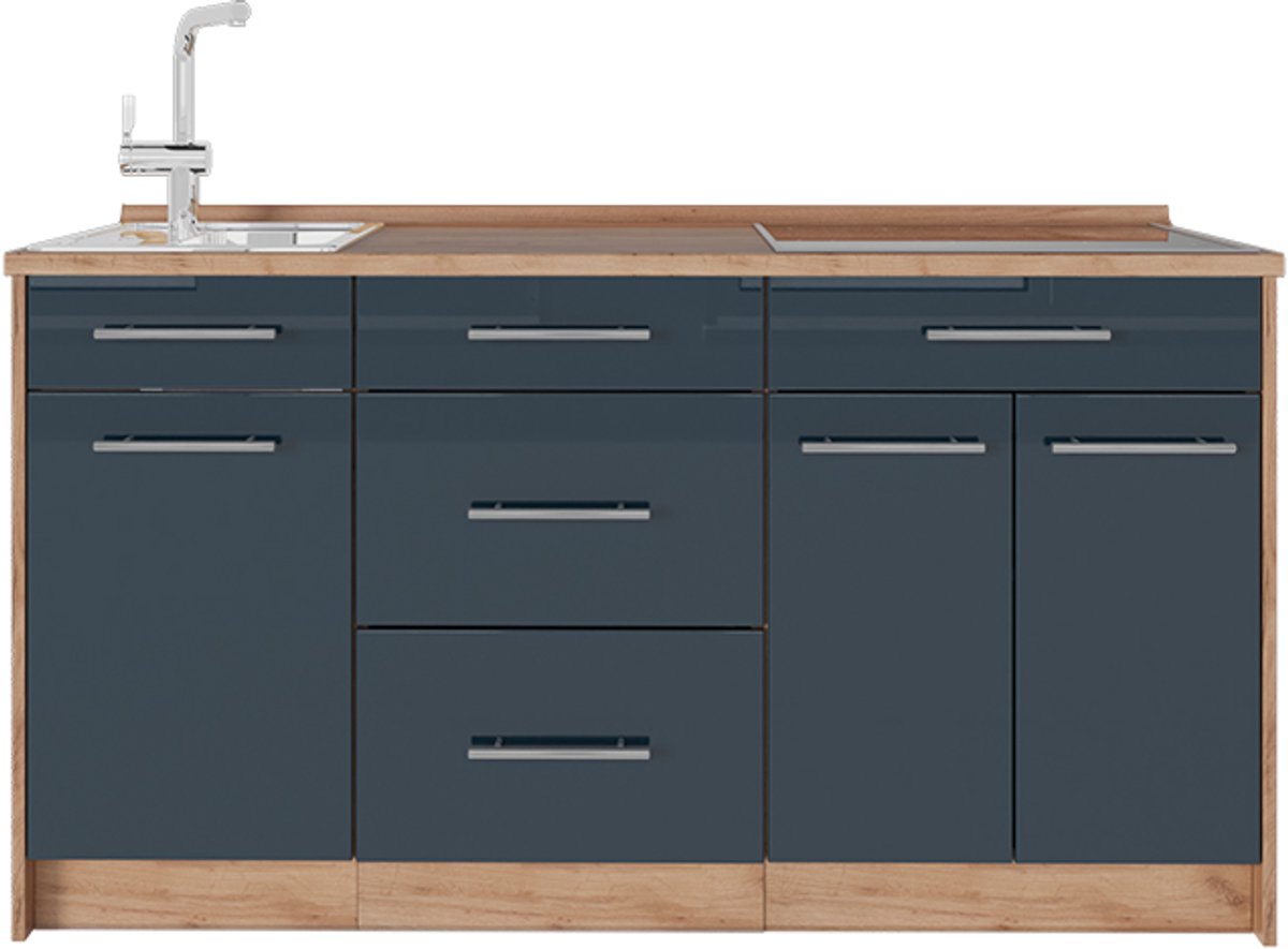 Vicco Keukenblok Fame-Line, Donkerblauw hoogglans, 150 cm zonder werkblad