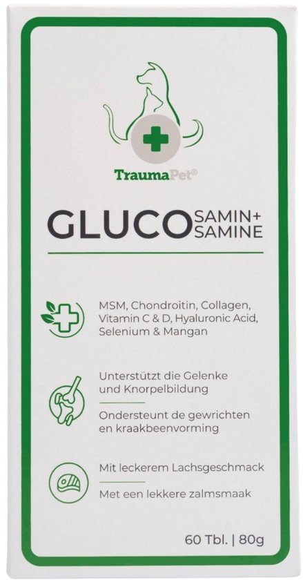 Doos TraumaPet Glucosamine+ met tekst over ingrediënten en voordelen. Gele en groene kleuren.