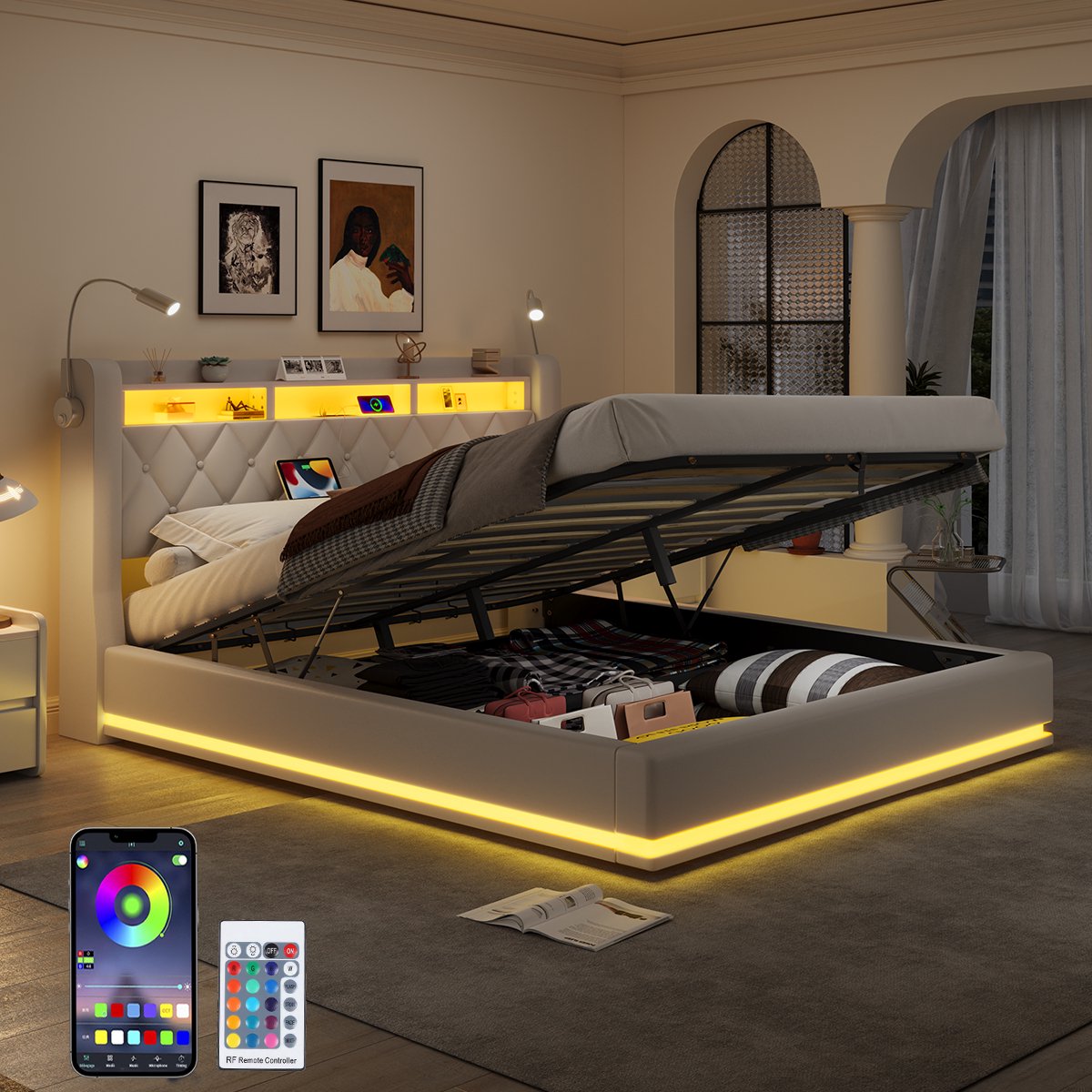 Gestoffeerd Bed 140x190 cm - Opbergruimte - Opbergbed - Jongerenbed - Jeugdbed - Tweepersoonsbed - Bedframe met Led Verlichting - Met Stopcontacten - USB -Type C - Met Leeslamp - Eenvoudige Montage - Beige