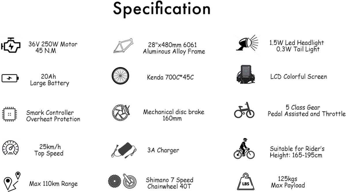 TTGO HZ-28ST E-bike - 25 km/u - 28inch - 80km actieradius - 250W motor - 36V20Ah accu - aluminium frame - Shimano 7-speed - wit thumbnail 8