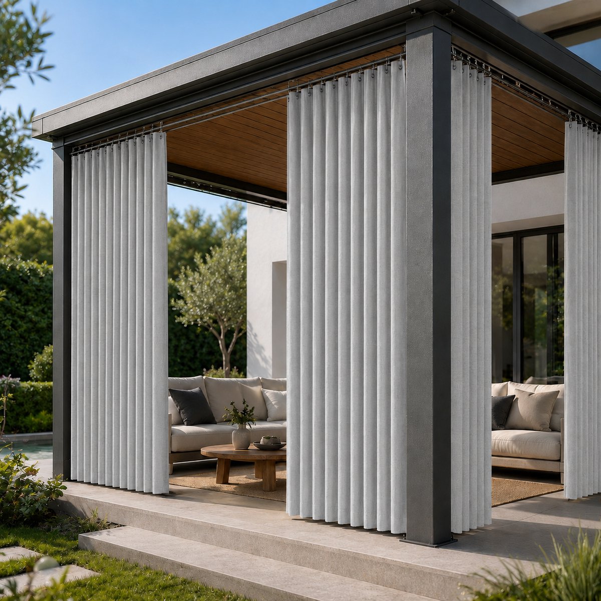 MUPOO Linnenlook Extra Brede Buitengordijn Waterdicht met ringen-230 GSM- Privacy & Verduisterend - Premium Polyester -Vormvaste Plooien - outdoor gordijin voor pergola, overkapping & Terra - grijs-254x244 cm - 2 stuks Grijs-2 stuks