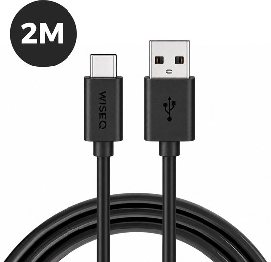 Câble USB-A vers USB-C noir WiseQ de 2 mètres avec cercle "2M".