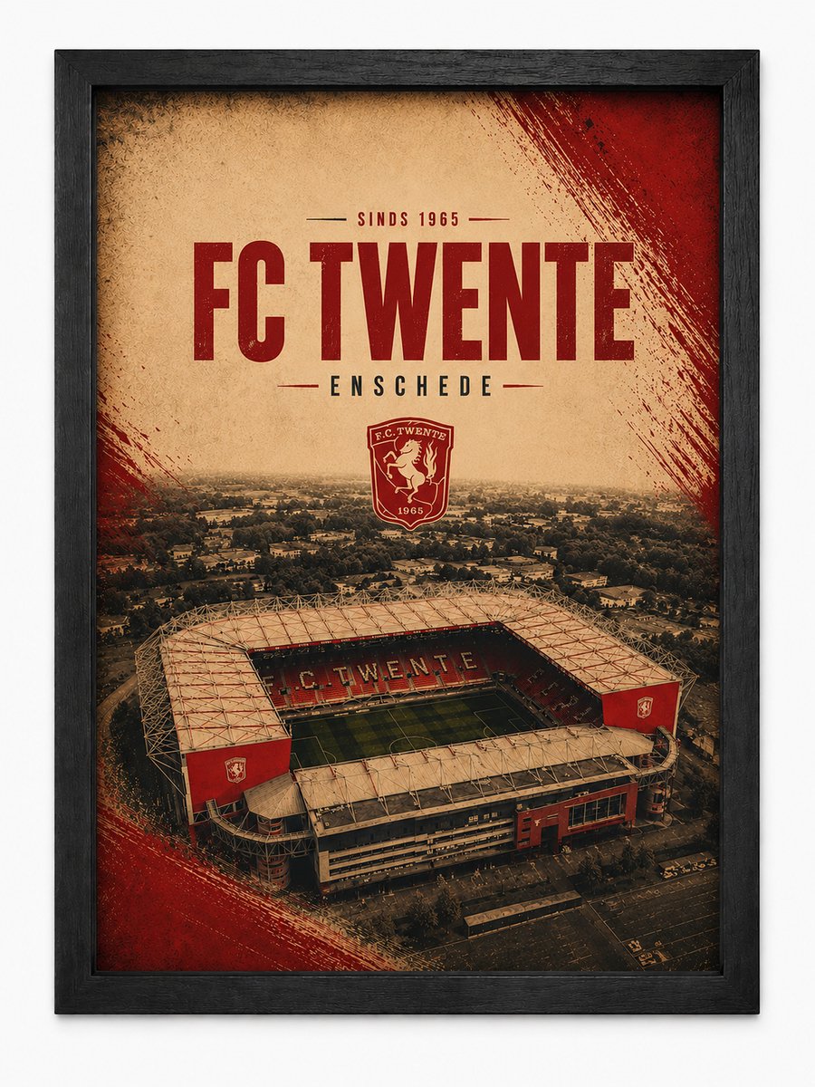 FC Twente Poster | De Grolsch Veste Vintage Art Print | Retro Voetbal Poster | Inclusief Zwarte A4 Lijst