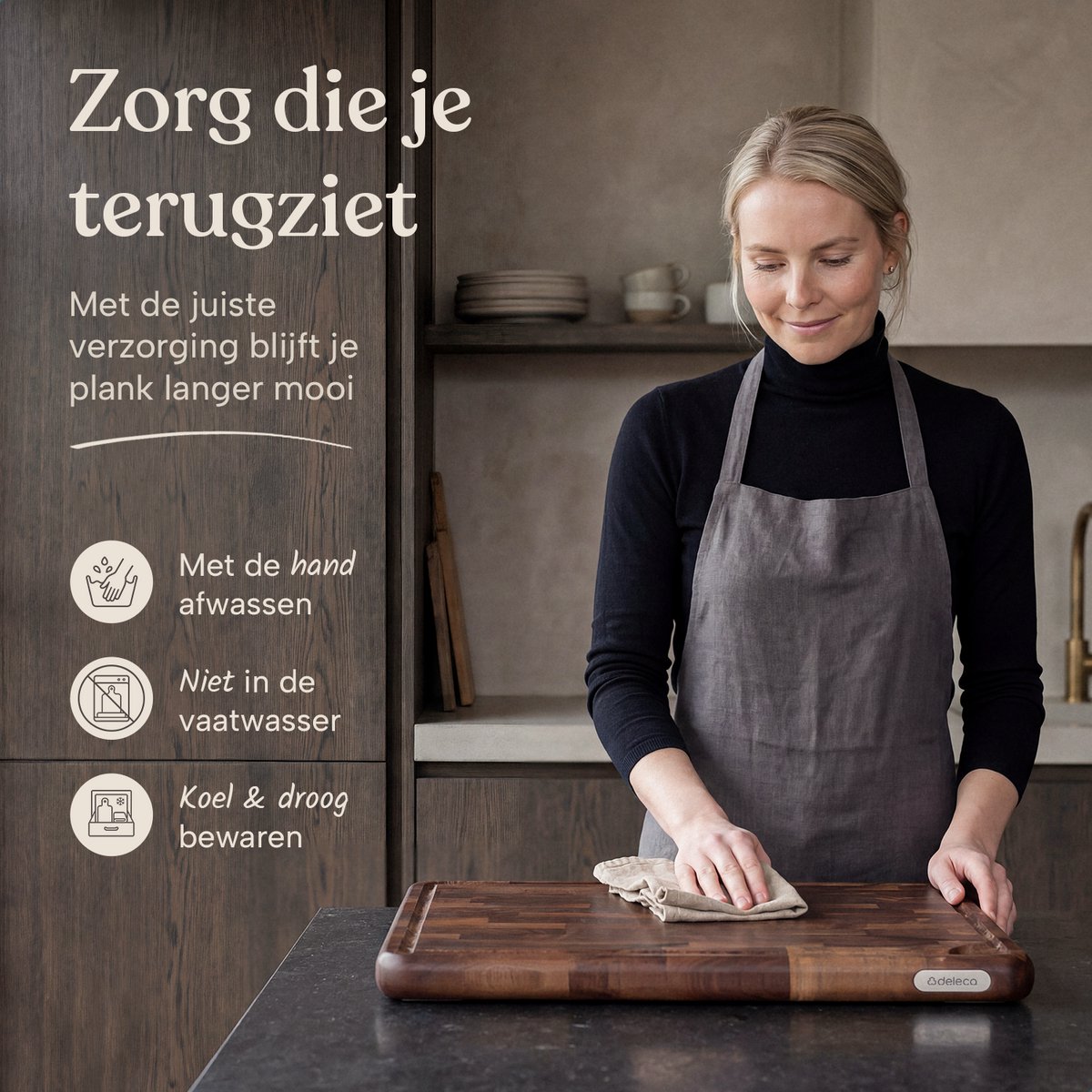 Deleca Walnoot Kopshouten Snijplank met Sapgeul - Hakblok Hout Voor Keuken - Anti-slip / Handgrepen – Signature Houten Amerikaans Walnoten Kopshout - 43x33x3 cm — cadeau in Kookcadeaus - foto 8