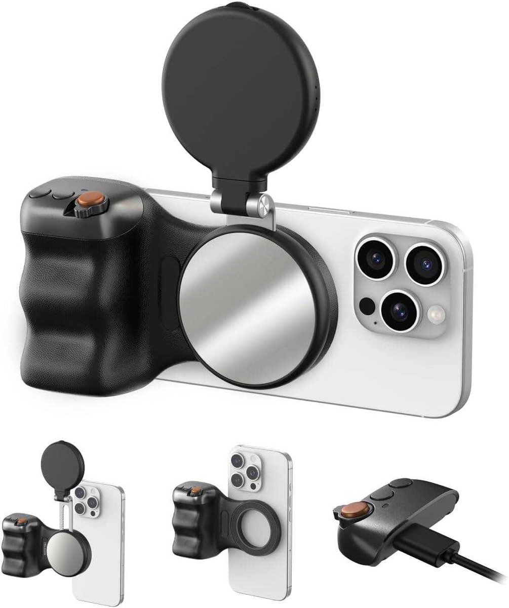 LISM-Leuke camerahouder Geschikt voor je telefoon + magnetische selfielamp (zwart) set, compatibel met iPhone en Android, creatieve set Geschikt voor selfies/fotografie/TikTok/Zoom-gesprekken/video's.