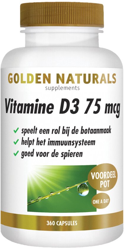Pot met 360 capsules Golden Naturals Vitamine D3 75 mcg, met gouden dop en gouden band.