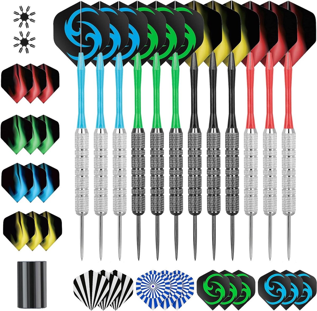 Professionele Stalen Darts Set van 12 Stuks met 18g Darts, 12 Schachten, 24 Extra Flights en Dartscherper voor Dartbord