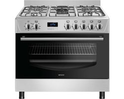 Wiggo WO‑E909B(XX) – Vrijstaand gasfornuis – 90 cm – 5 kookzones met wokbrander – 110L elektrische oven – Roestvrijstaal – Elektrische vonkontsteking & vlambeveiliging – Energieklasse B – 5 jaar garantie