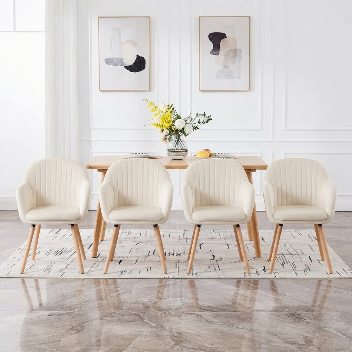 Luxe Velvet Eetkamerstoelen Set van 4 – Crème Wit met Armleuningen | Ergonomisch Design, Massief Houten Frame, Comfortabele Dikke Zitting – NOVIHOMESTORE