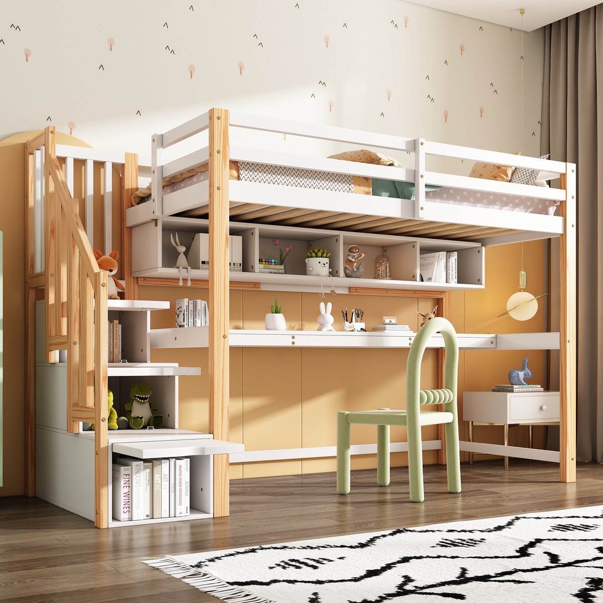 Merax Halfhoogslaper 90x200cm - kinderbed met groot bureau en boekenplank - natuurlijke kleur en wit - zonder matras Houtkleur