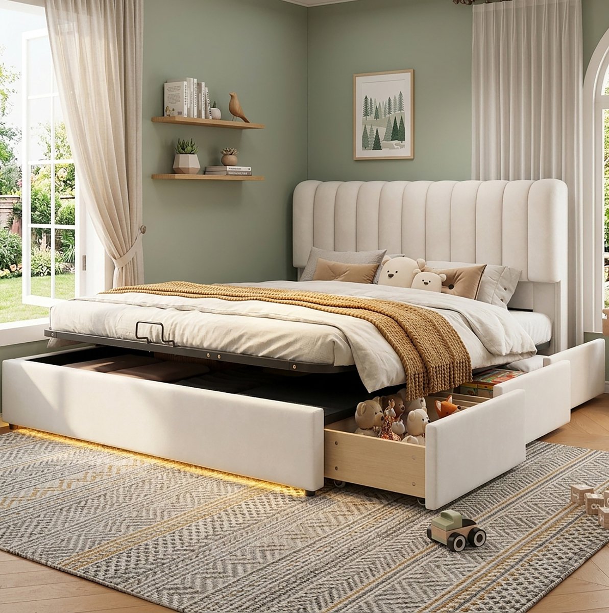 MIVRAY Kinderbed 140x200 cm - Opbergbed Met Gasveer, 3 Laden en Ledverlichting - Zonder Matras - Voor Kinderkamer en Jeugdkamer - Stof - Beige