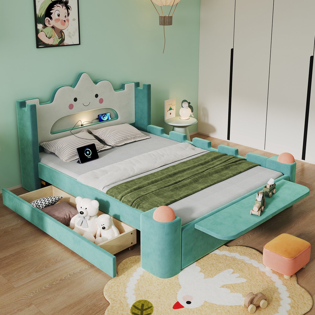 MIVRAY Kinderbed 140x200 cm - Wolkenbed Met Leeslamp en Usb Aansluiting - Met Opberglade en Valbeveiliging - Zonder Matras - Fluweel - Blauwgroen