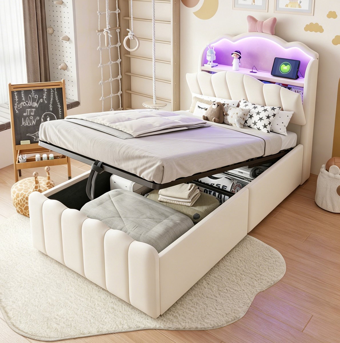 MIVRAY Kinderbed 90x200 cm Zonder Matras - Eenpersoonsbed Met Hydraulische Opbergruimte, LED Hoofdbord En USB USB C - Velours - Beige
