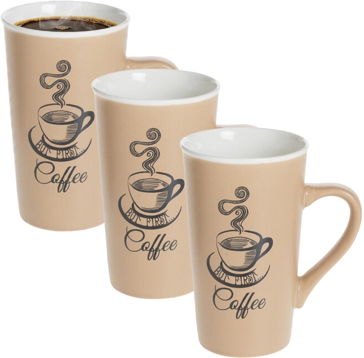 Secret de Gourmet hoge koffie mok / beker met oor - 3x - beige - keramiek - 500 ml - koffie print - servies - warme dranken