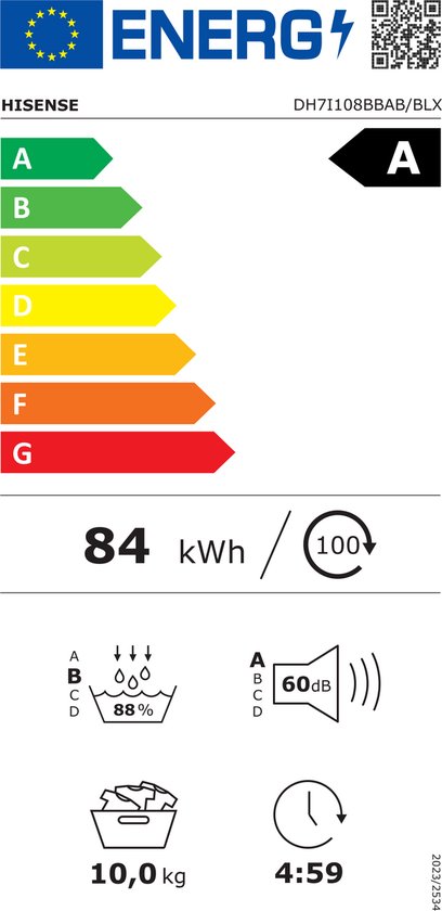 Hisense energielabel A met pictogrammen voor 88% droogresultaat, 60dB geluid, 10kg capaciteit en 4:59 droogtijd.