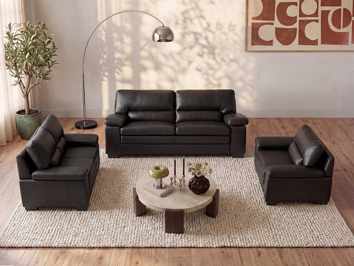 Vente-unique Driezits, tweezitsbank en fauteuil van buffelleer MIMAS - zwart