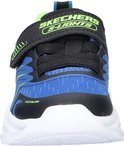 Blauwe Skechers gymschoenen met klittenbandsluiting. Zwarte band met 'Skechers S-Lights' logo.