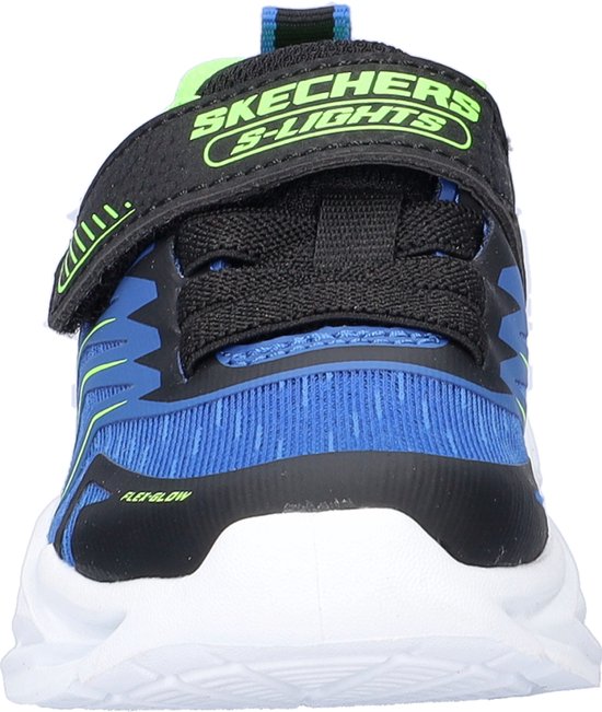 Blauwe Skechers gymschoenen met klittenbandsluiting. Zwarte band met 'Skechers S-Lights' logo.