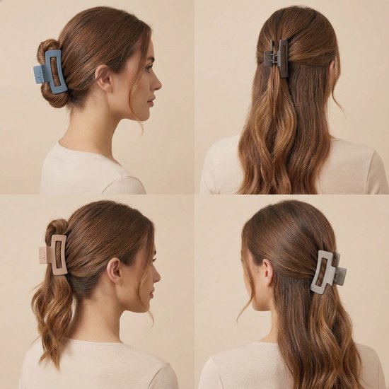 Collage van vier vrouwen met verschillende kapsels met de haarklemmen: blauwe in een knot, donkergrijze in half-up, taupe in paardenstaart, grijze in een knot.