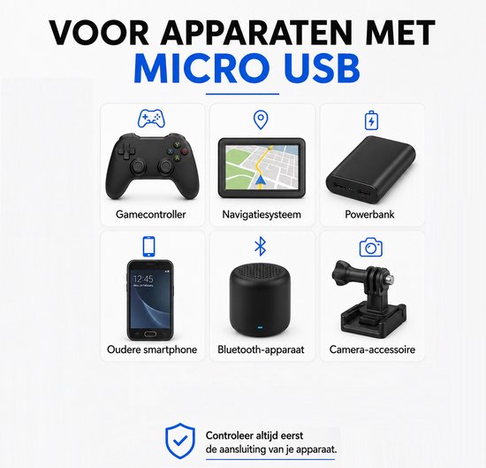 Illustrations d'appareils avec connexion Micro USB : manette de jeu, système de navigation, batterie externe, smartphone, appareil Bluetooth, accessoire de caméra. "POUR APPAREILS AVEC MICRO USB"