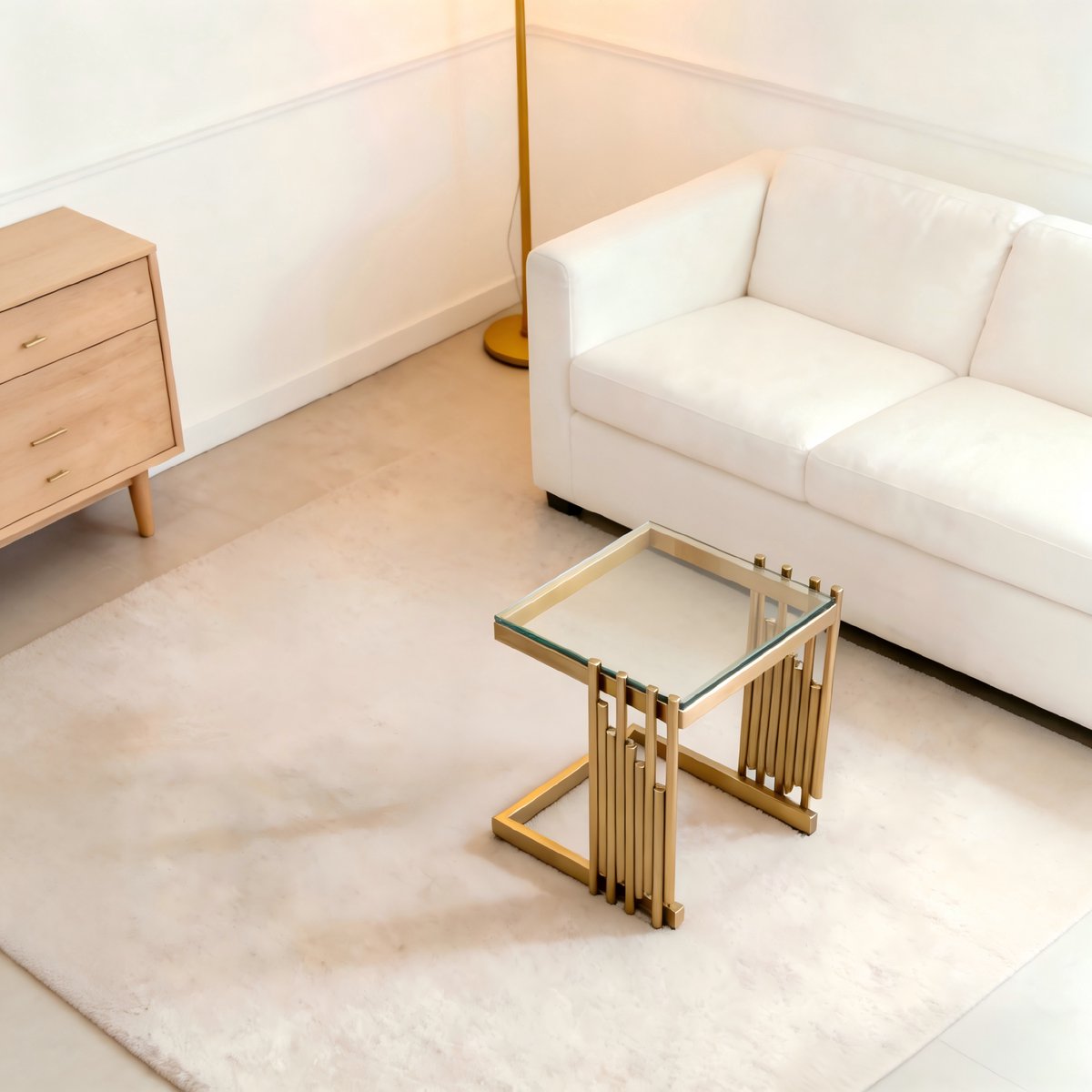 HAUSS SPOLE Bijzettafel Moderne Vierkante Tafel Voor Woonkamer En Slaapkamer Gehard Glas Roestvrij Staal 32 Cm Goud Transparant Goud En Transparant