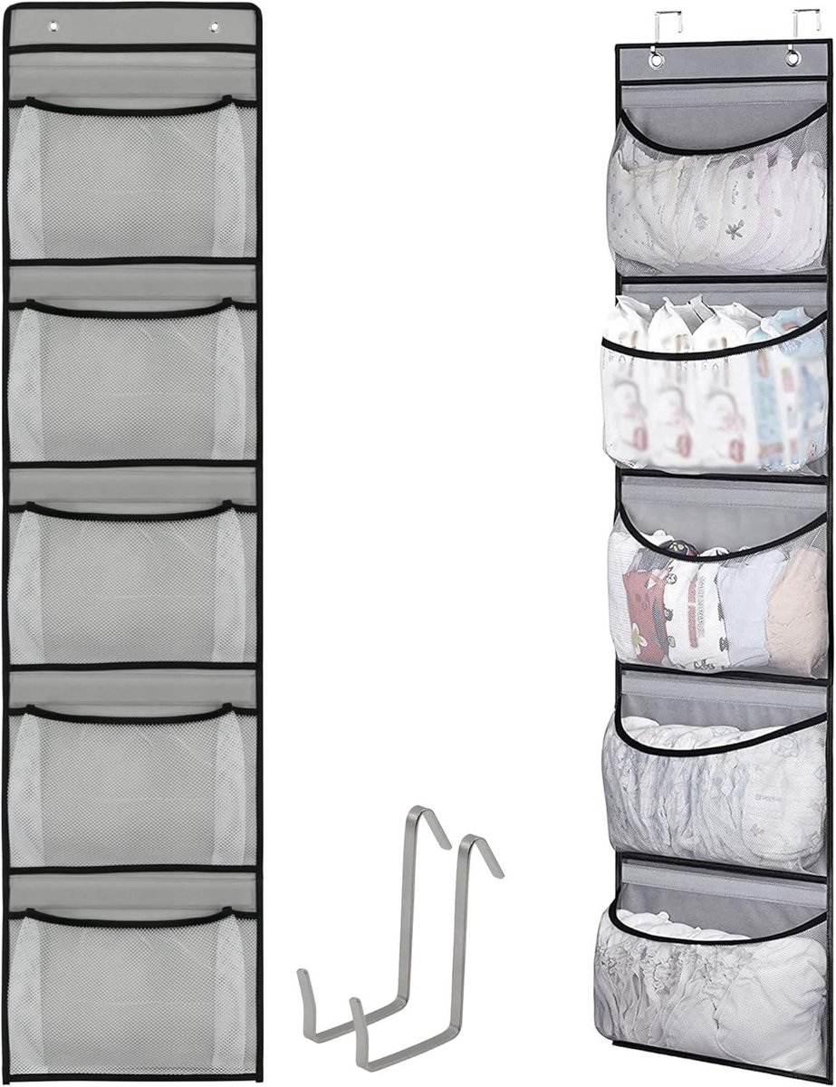 Hanging Organiser met 5 Grote Compartimenten en 2 Haken voor Speelgoed, Badkamer en Knuffels in Grijs