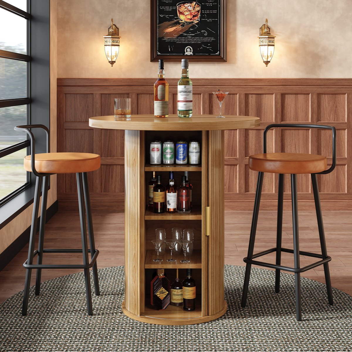 HAUSS SPOLE Bartafel - Rond Met Opbergruimte En Schuifdeur - Voor Woonkamer En Bar - MDF En Metaal - 60x60x91,6 Cm - Houtkleur