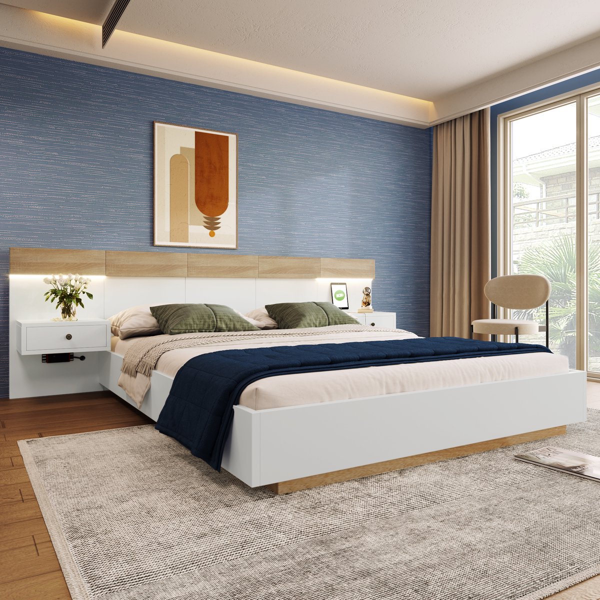 VVBV Tweepersoonsbed 140x200 / Bedframe 140 x 200 – met Lades, LED-Verlichting, USB, USB-C, Stopcontact – Wit – Zonder Matras White+Oak