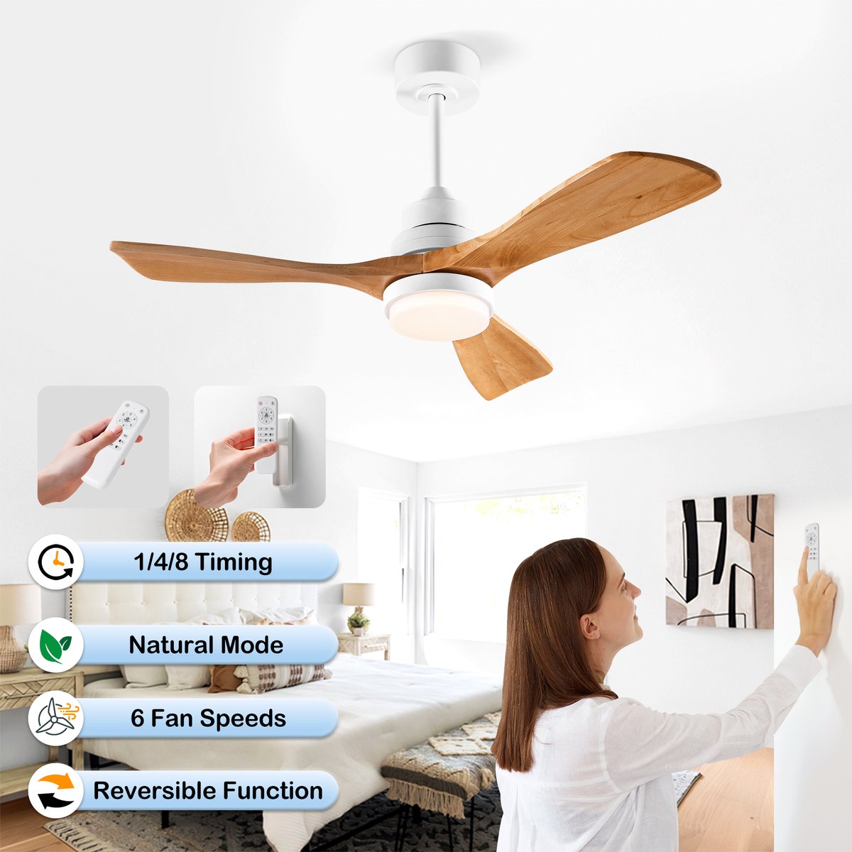 HAUSS SPOLE Plafondventilator Met Verlichting - 42 Inch - Metaal En Massief Hout - Wit En Natuurkleur - Met Afstandsbediening En Timer