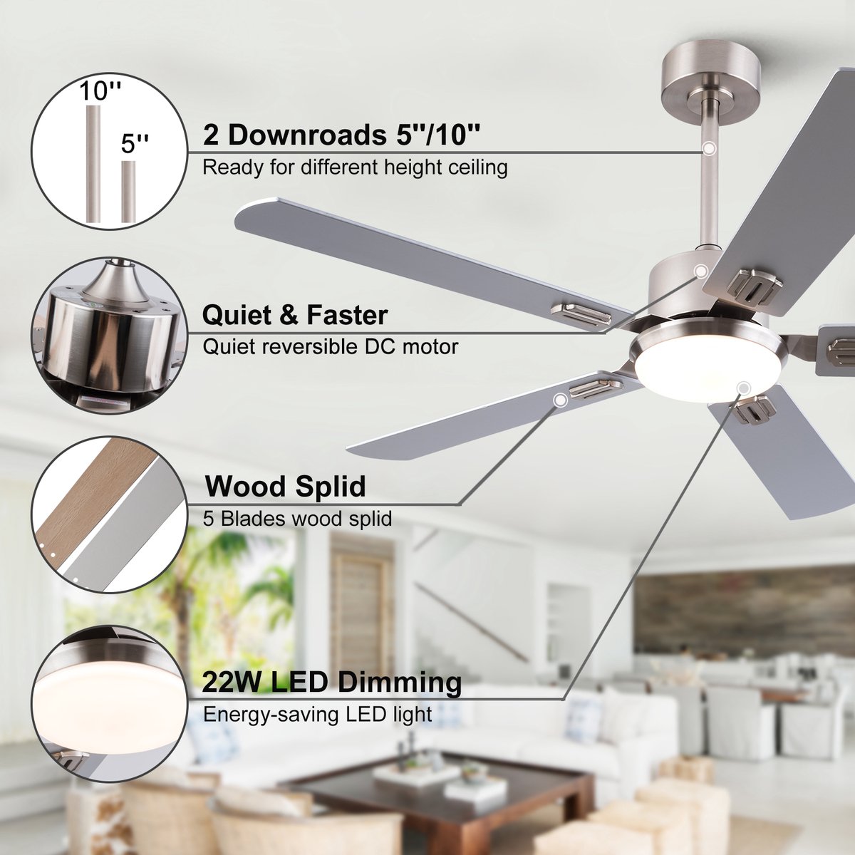 HAUSS SPOLE Plafondlamp Met Ventilator – Dimbaar En 3 Lichtkleuren – 132 x 132 x 45 cm – Metaal En Hout – Nikkel – Afstandsbediening
