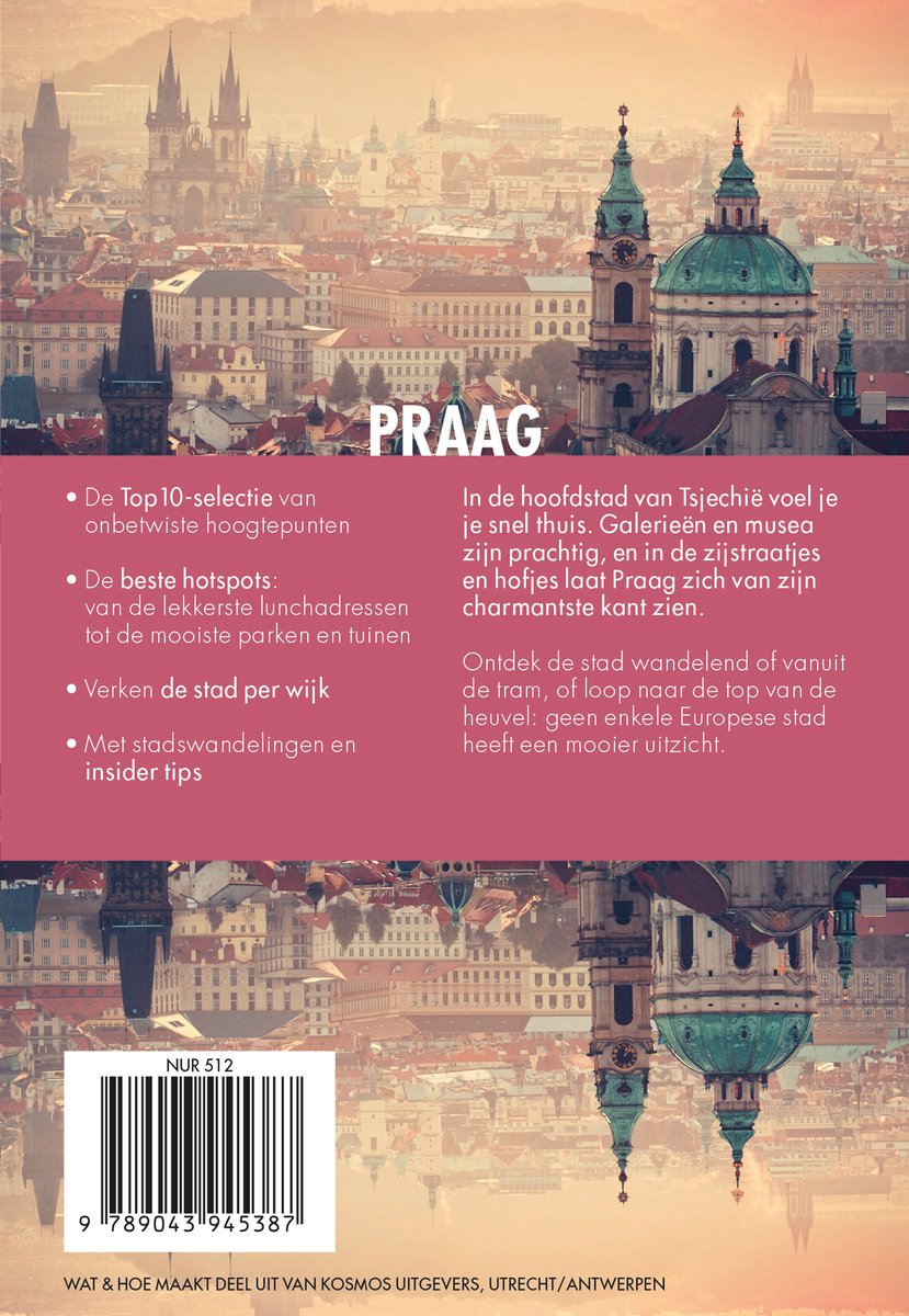 Boek 'Praag', met een illustratie van de stad en bulletpoints over de inhoud.