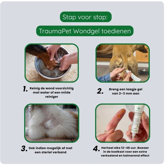 Stap voor stap instructies voor het aanbrengen van TraumaPet Wondgel. Reinigen van de wond, aanbrengen van gel, bedekken met verband, en herhalen om de 12-48 uur.