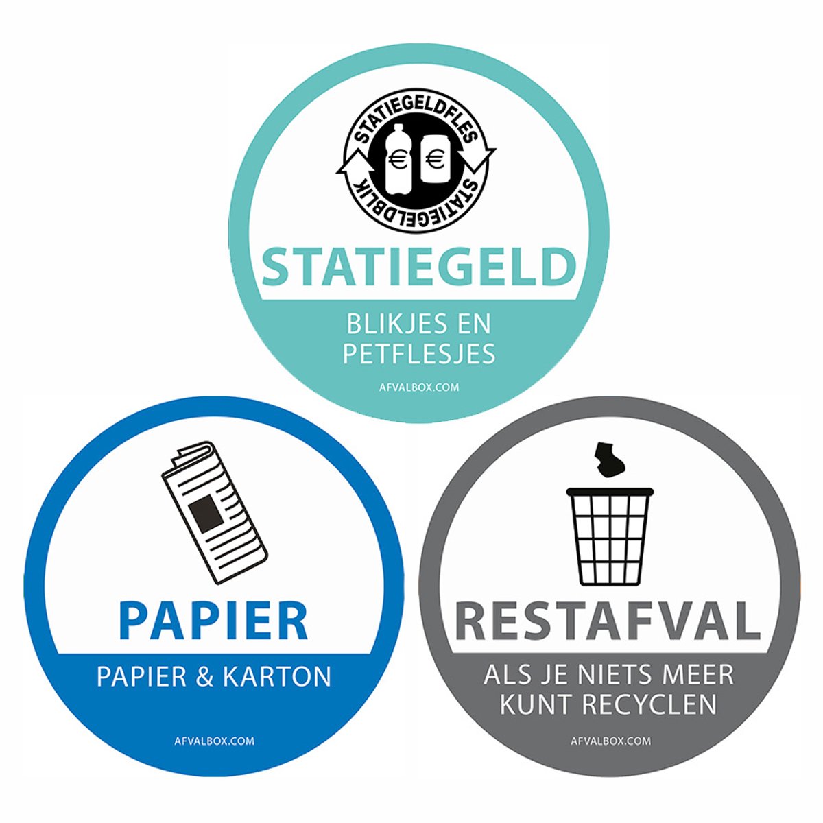 Stickers - Afvalsticker - Stickers afvalscheiding - Afvalscheidingsstickers - milieuvriendelijke PAPIEREN stickers rond 13 cm - SET statiegeld/papier/rest - vuilnisbak stickers - afvalbak stickers - container stickers