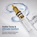 Illustratie van de binnenkant van een thermostaatkraan met waterstromen en de tekst 'Stable Temp & Ultimate Comfort'.